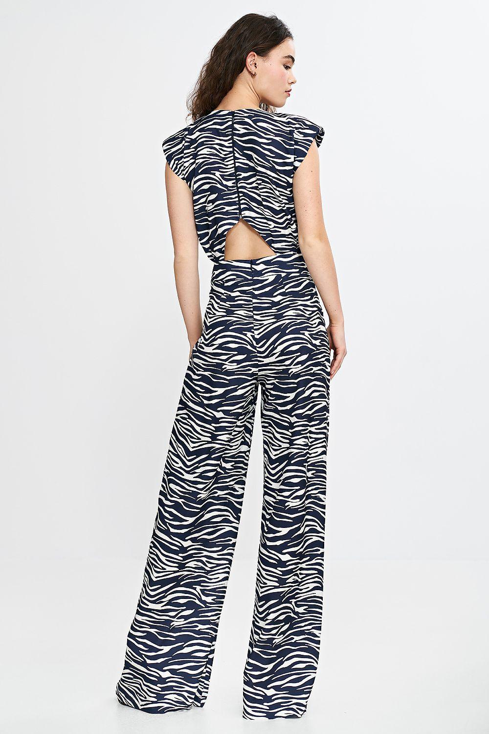 Nife navy zebra-print backless jumpsuit with wide legs