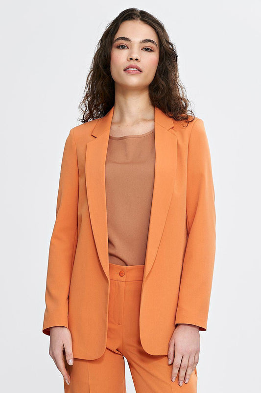 Orange women's blazer jacket with notched lapels and buttoned front, standing front view