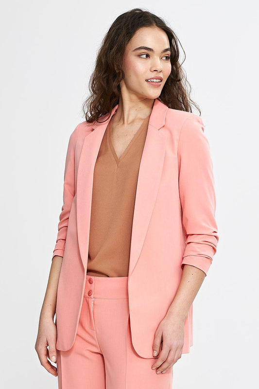 Women's pink 3/4-sleeve blazer, open-front view, notch lapels and cuff detail
