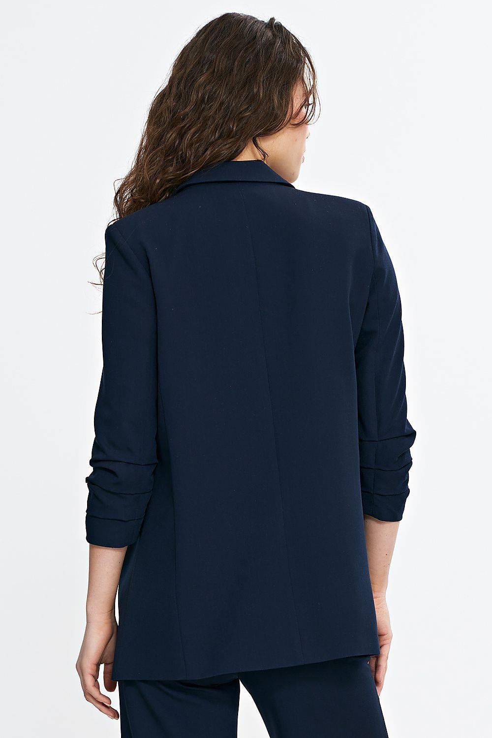 Women's navy 3/4 sleeve blazer, back view with center seam and vented hem