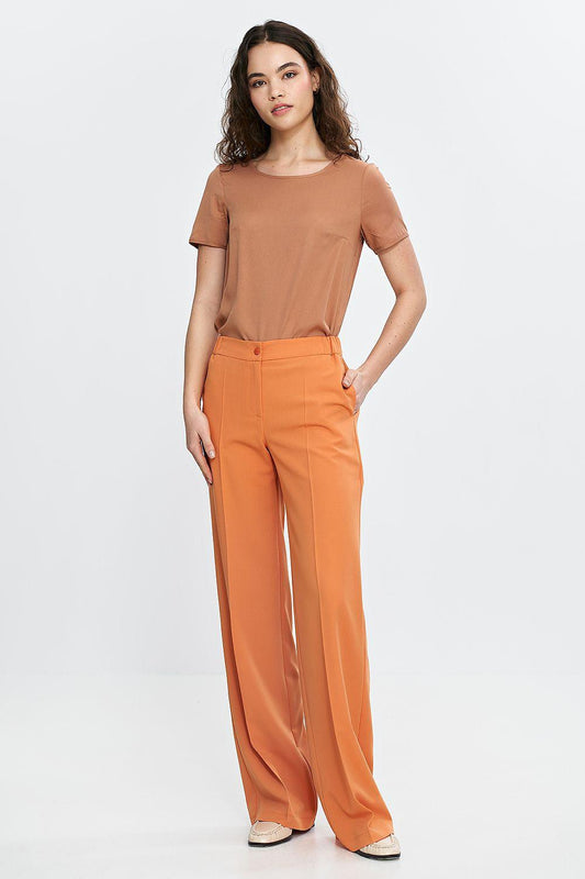 Orange wide-leg trousers with elastic waistband and draped front
