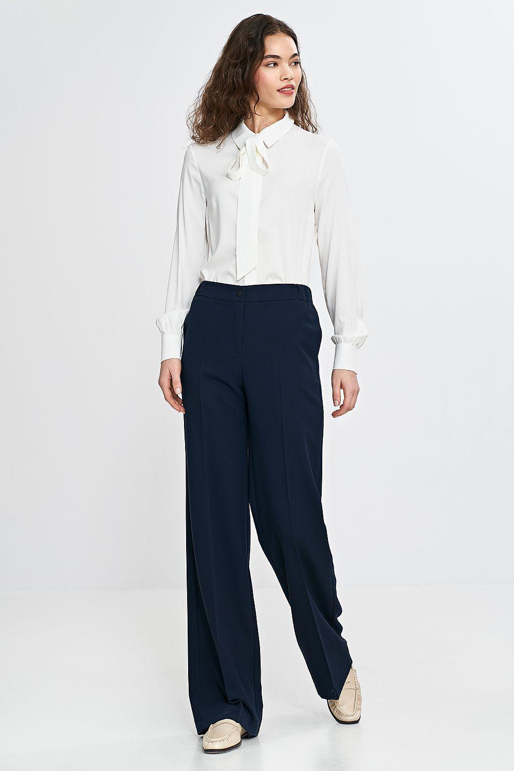 Navy high-waist trousers with button front and wide straight legs