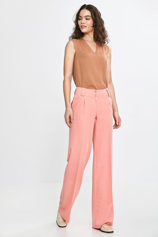 Nife trousers in dusty peach, sleeveless look pair; wide-leg with button front
