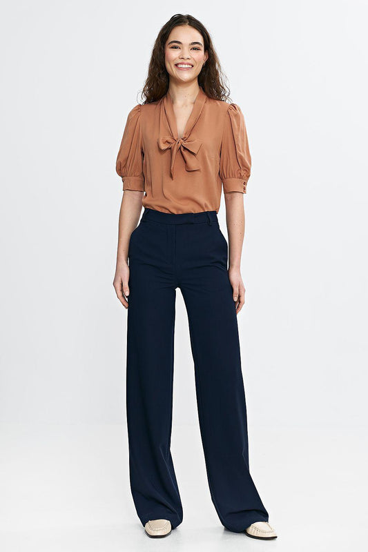 Women's navy blue high-waist wide-leg trousers with smooth front