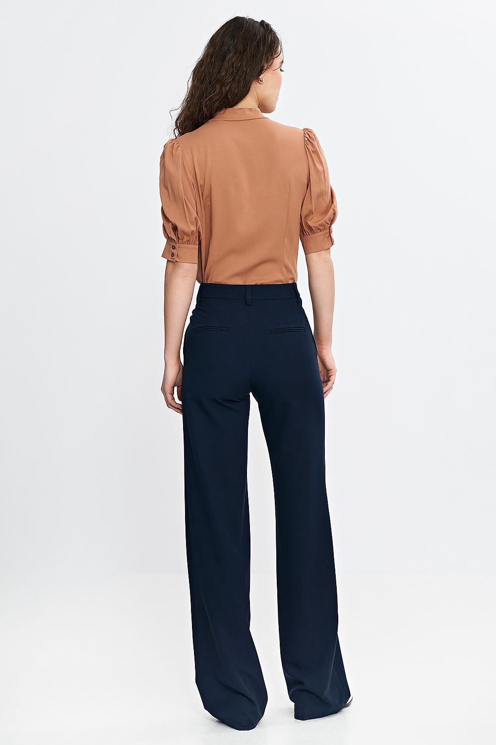 Navy blue wide-leg trousers from back with straight legs and waistband