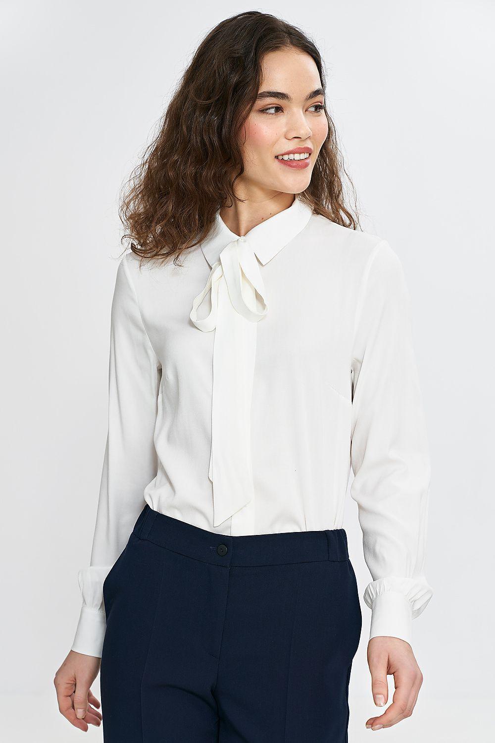 White button-up shirt with tie-neck bow and long sleeves, button front