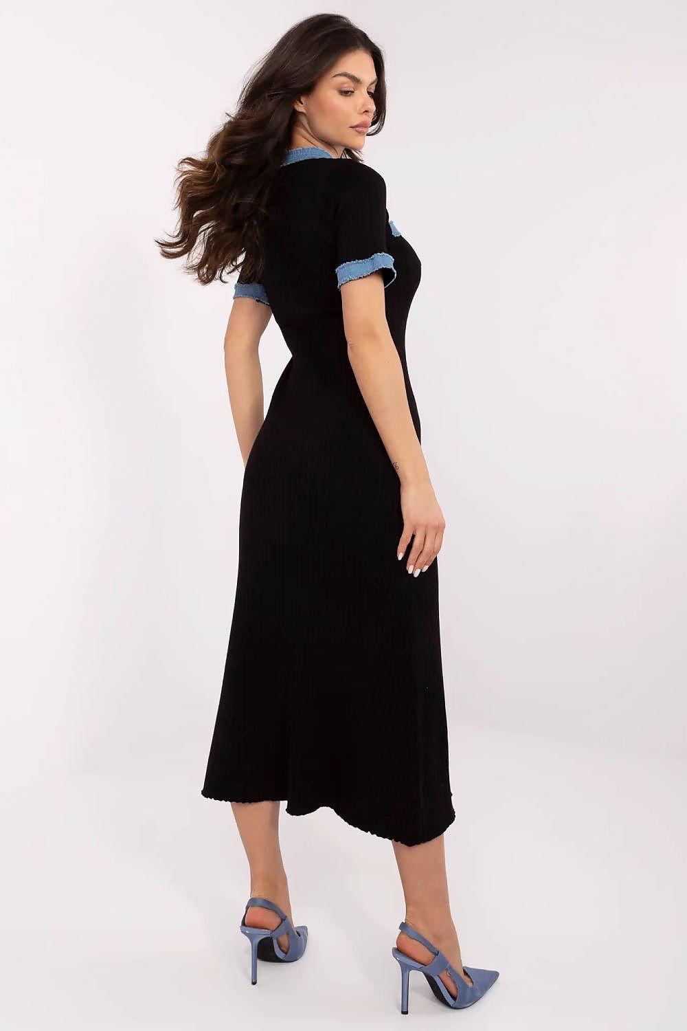 Black knitted midi daydress with blue trim at neckline, short sleeves, midi length