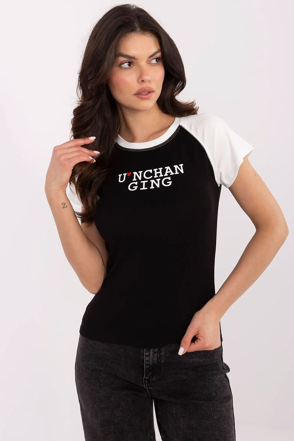 Black ladies’ T-shirt with white contrast sleeves and crew neck, front graphic print