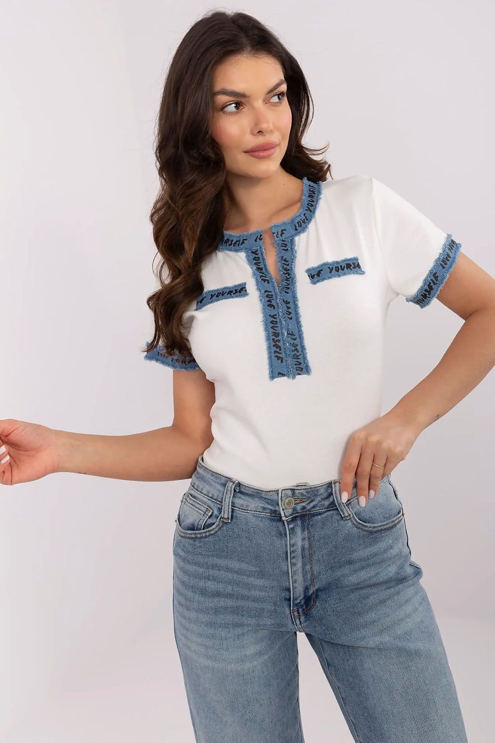 Light cotton blouse with blue denim trim and short sleeves, quarter-button placket