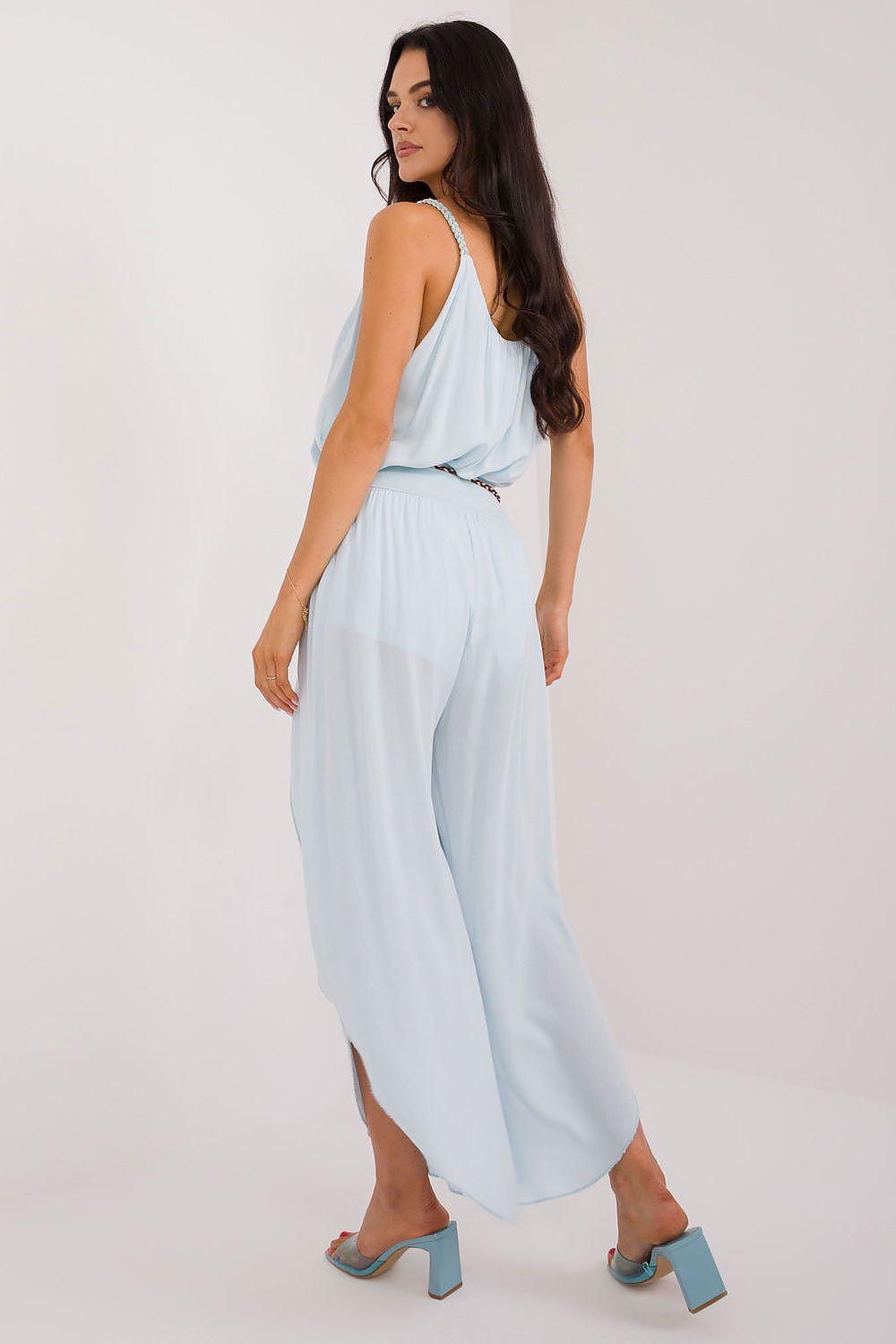 Women's trousers model 179025 Och Bella, light blue high-waist wide-leg with waist tie