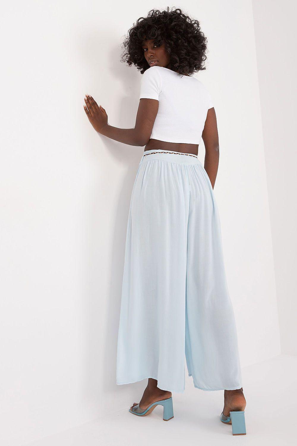 Women’s wide-leg trousers, light blue with elastic waistband and gathered cuffs