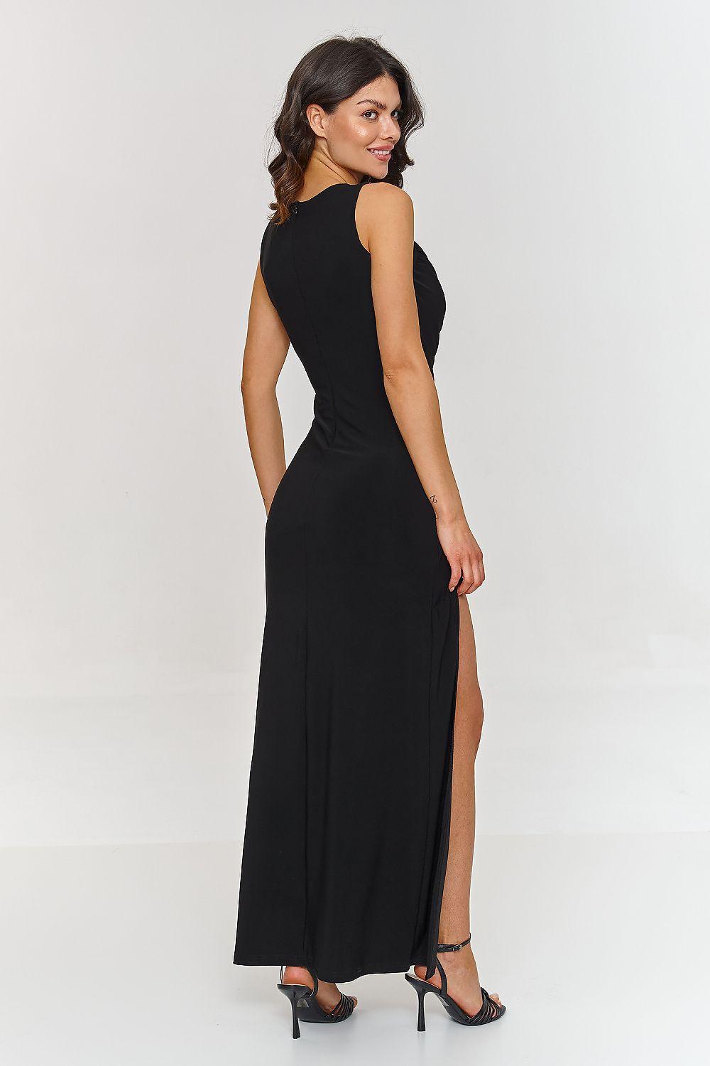 Black sleeveless cocktail dress, side/back view with thigh slit and long skirt