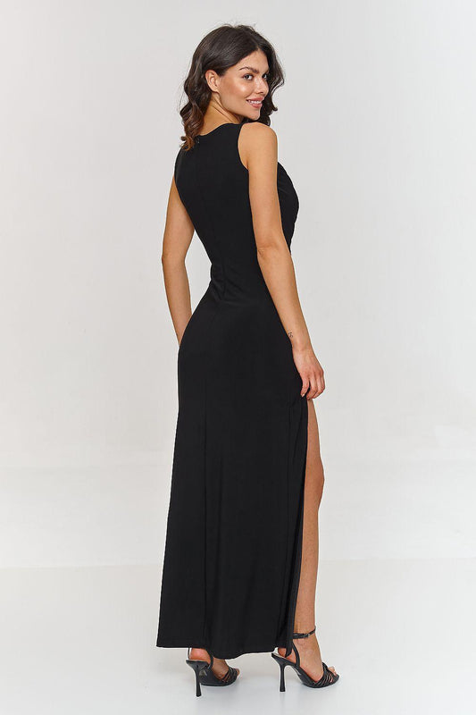 Black sleeveless cocktail dress, side/back view with thigh slit and long skirt