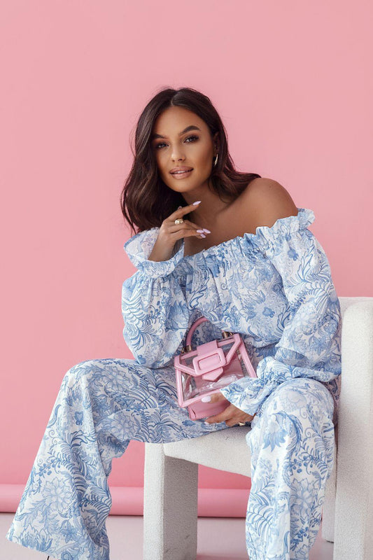 LaBalancia outfit set in light blue with off-shoulder smocked top and wide-leg pants