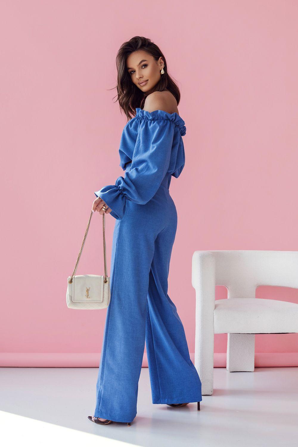 LaBalancia off-shoulder top and high-waist pants set, blue ruffled off-shoulder, wide-leg