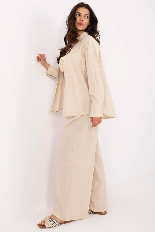 Beige linen-blend set with long-sleeve top and wide-leg trousers
