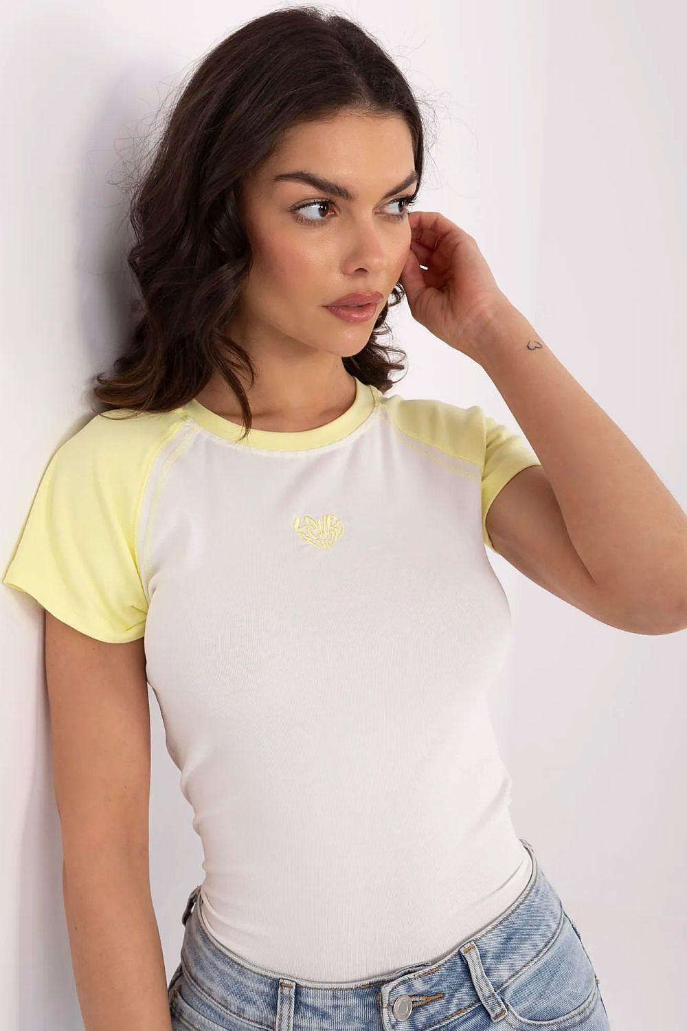 Two-tone T-shirt with small yellow logo on chest, white front, yellow raglan sleeves.