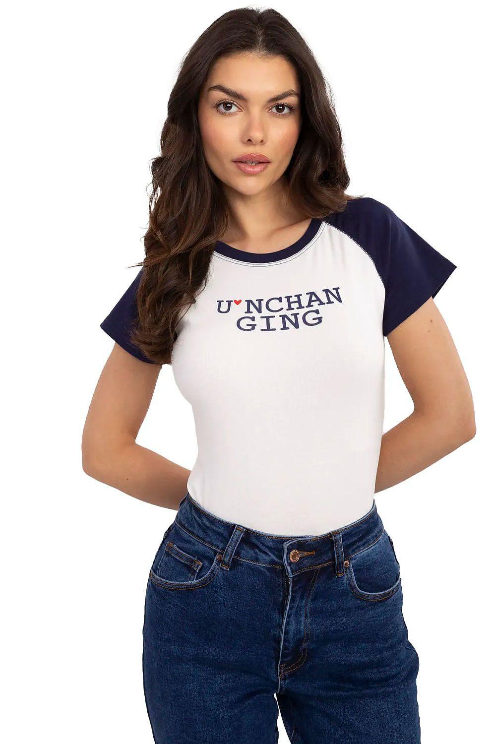 White-and-navy crewneck raglan T-shirt with chest graphic print