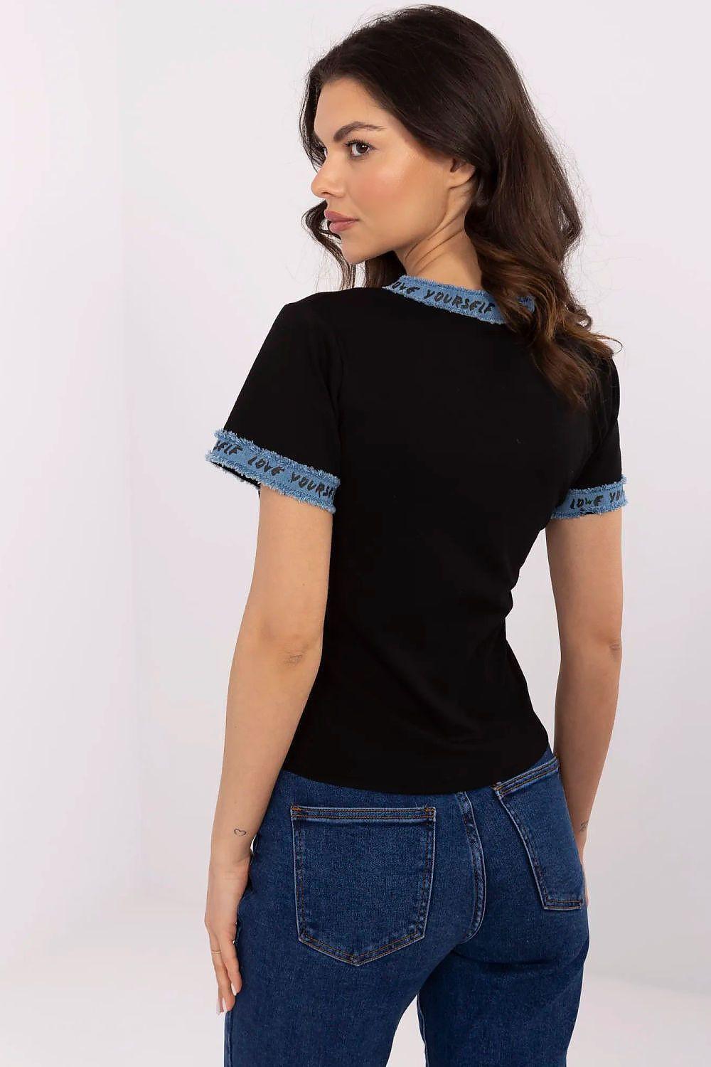 Black short-sleeve blouse with blue-trim cuffs and back view