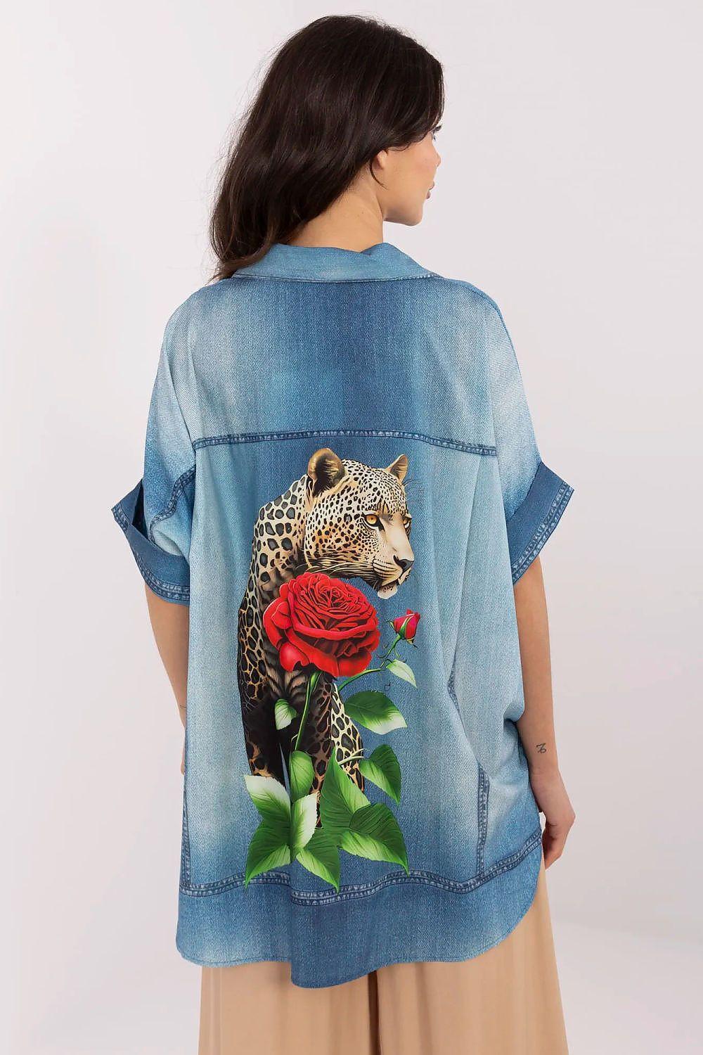 Blue denim-style shirt with back leopard and rose graphic print, yoke and seam detail