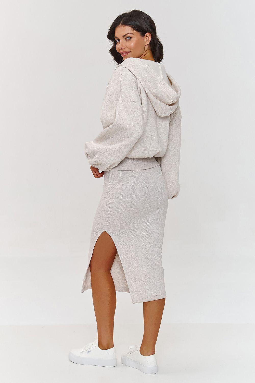 Light grey hoodie jacket and midi pencil skirt set, back view with side slit.