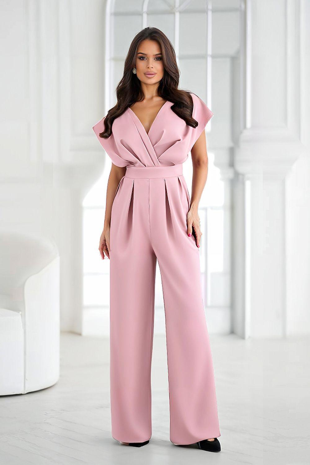 Wide-leg tailored jumpsuit with V-neck and short sleeves, mauve pink wrap front