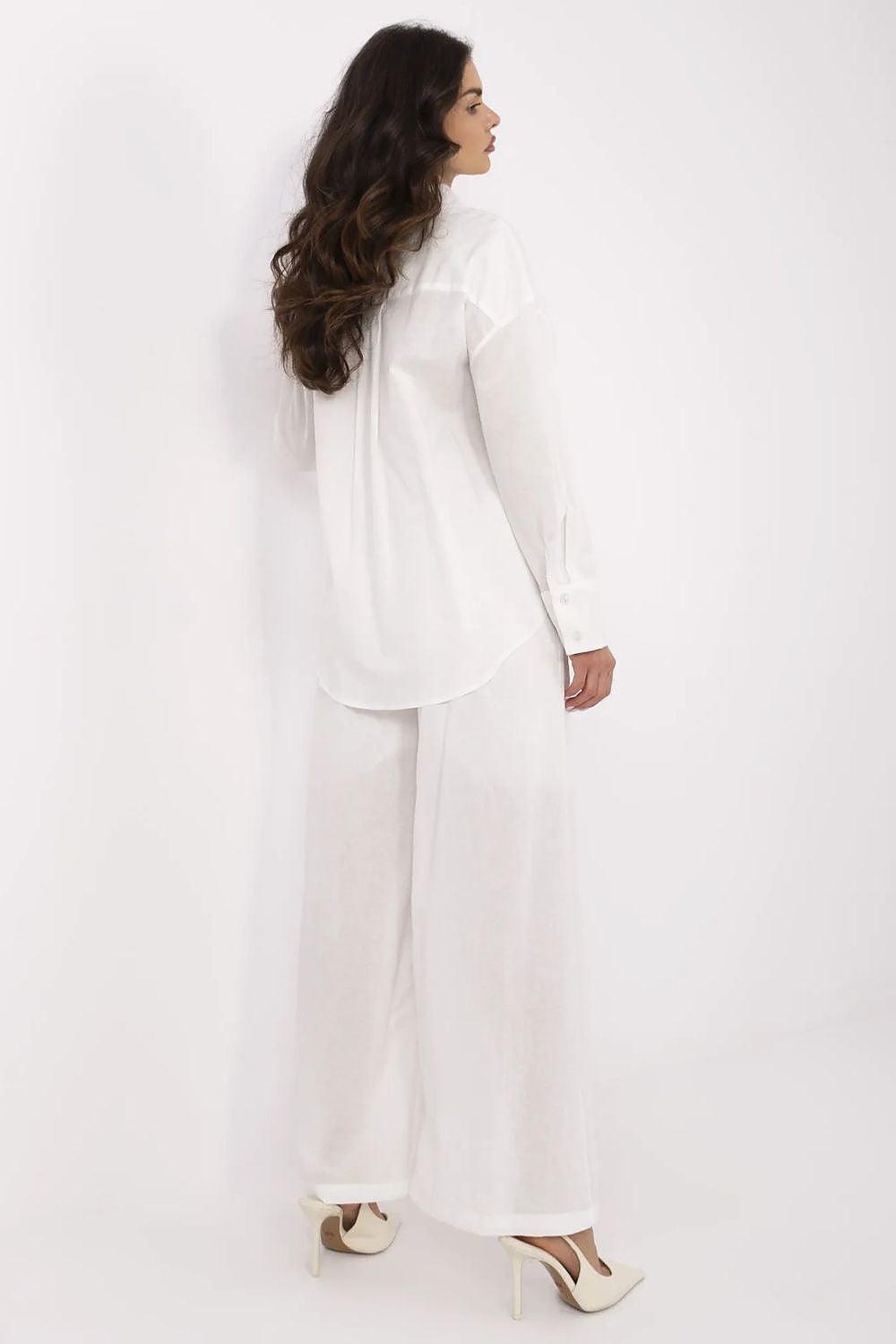 White linen-blend set with long-sleeve back top and wide-leg trousers