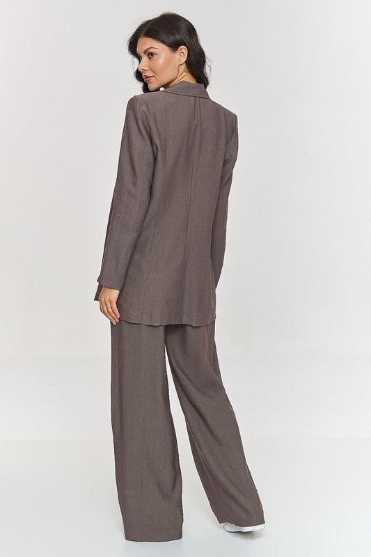 Women’s belted long-sleeve jacket and wide-leg pants set, dark brown back view