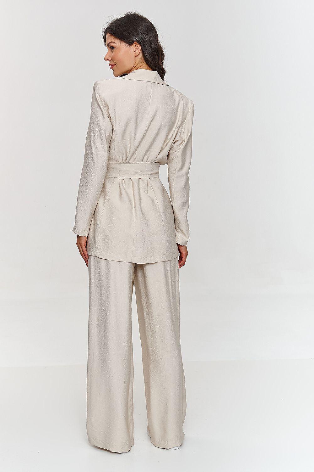 Belted blazer-style jacket and wide-leg pants set in light beige, back view