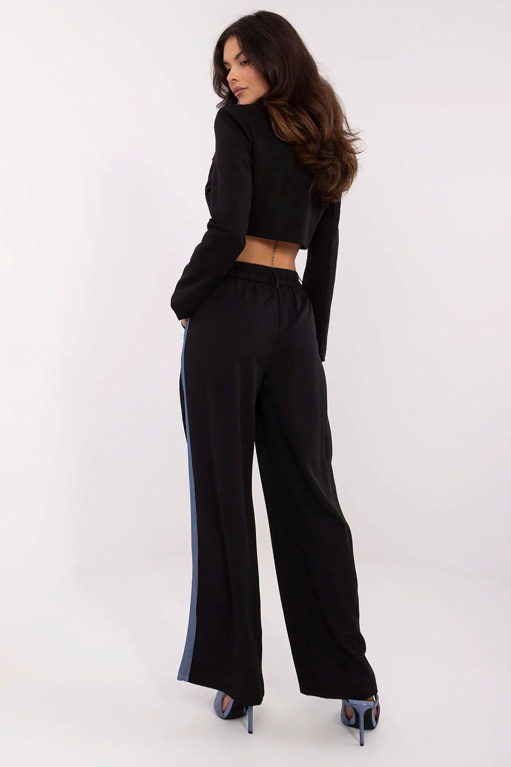 Black wide-leg women’s trousers with side stripe, relaxed fit and high waist