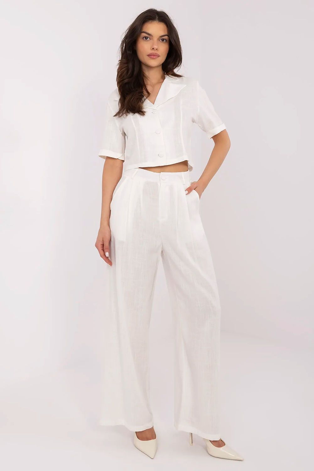 White linen-blend short shirt and wide-leg pants set with V-neck and tie waist
