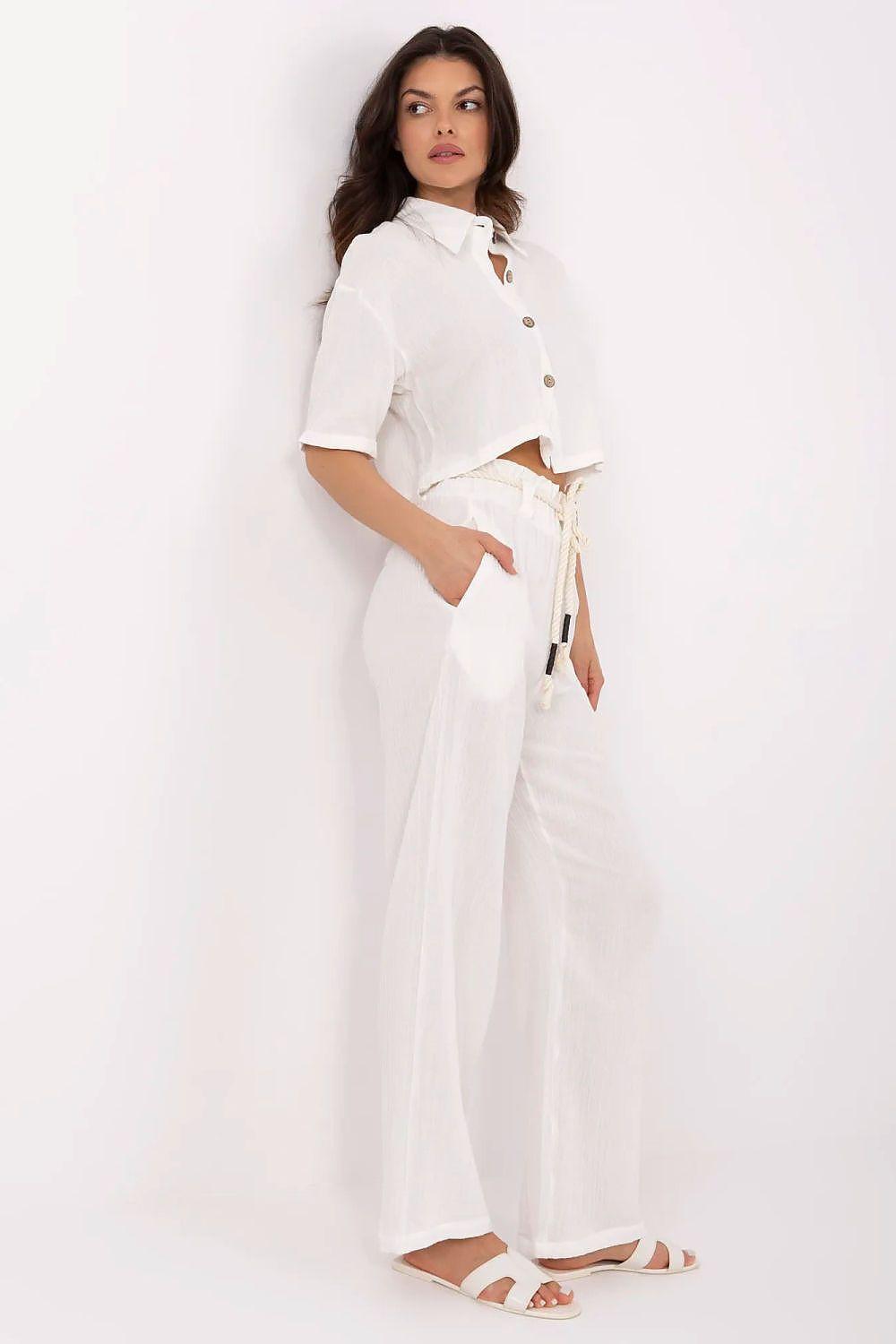 Light beige two-piece set: cropped button blouse and high-rise wide-leg pants