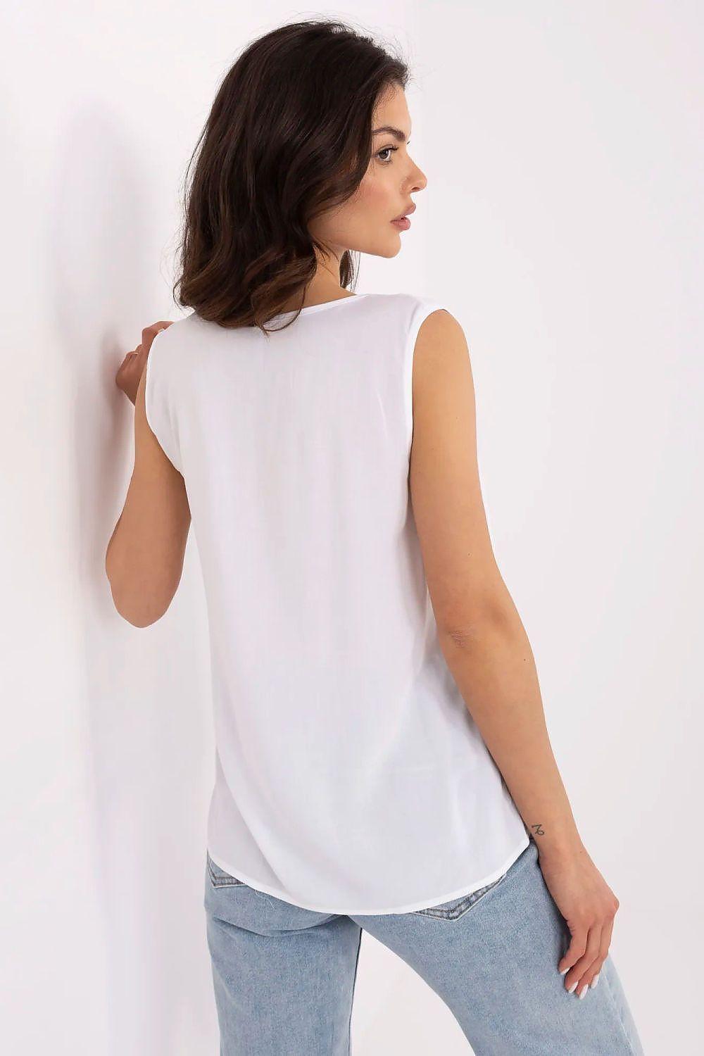 White sleeveless blouse with plain back view and curved hem