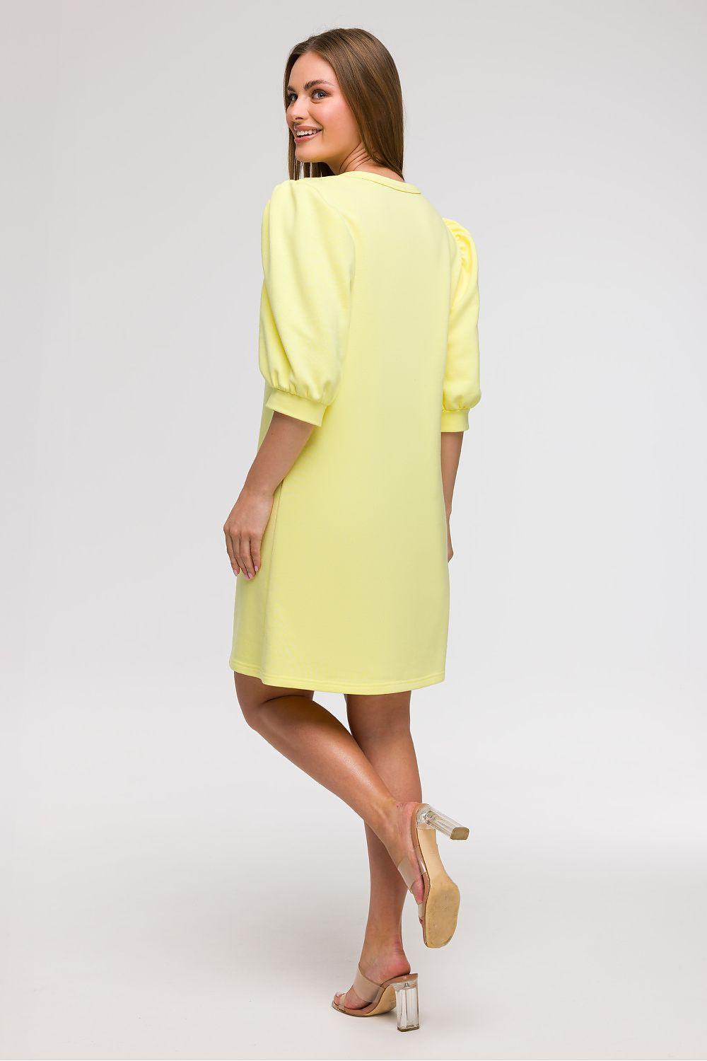 Yellow daydress with puff sleeves and crew neck, back view, knee length