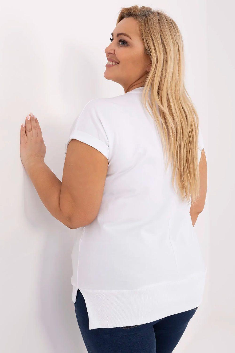 White plus size blouse, back view, short sleeves with no visible embellishment
