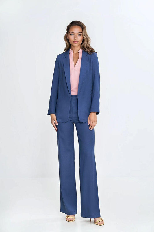 Blue women's blazer jacket with notched lapels and wide-leg trousers, full front view