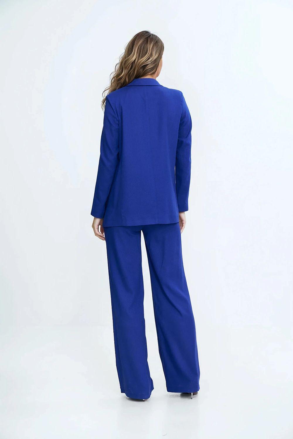 Women's blue linen blazer and wide-leg trousers, back view