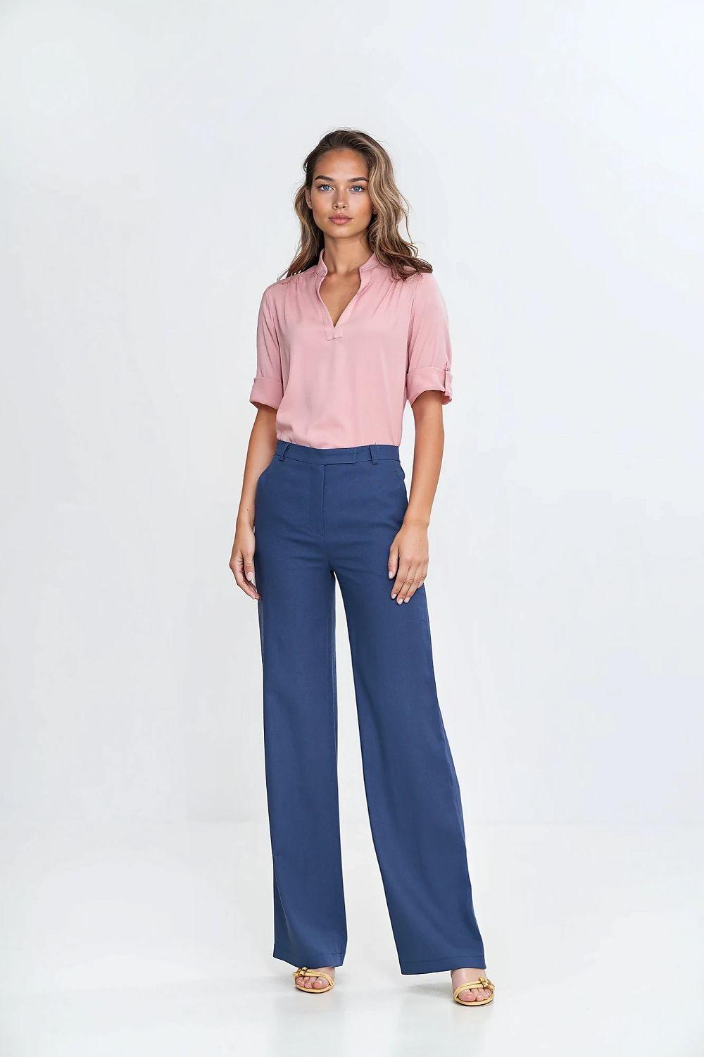 Blue wide-leg trousers with relaxed fit and long straight legs.