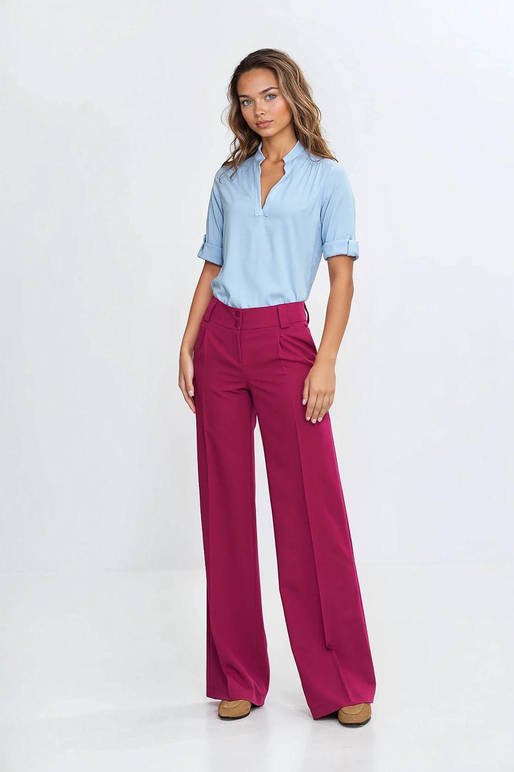 Light blue viscose blouse with V-neck and adjustable sleeve cuffs