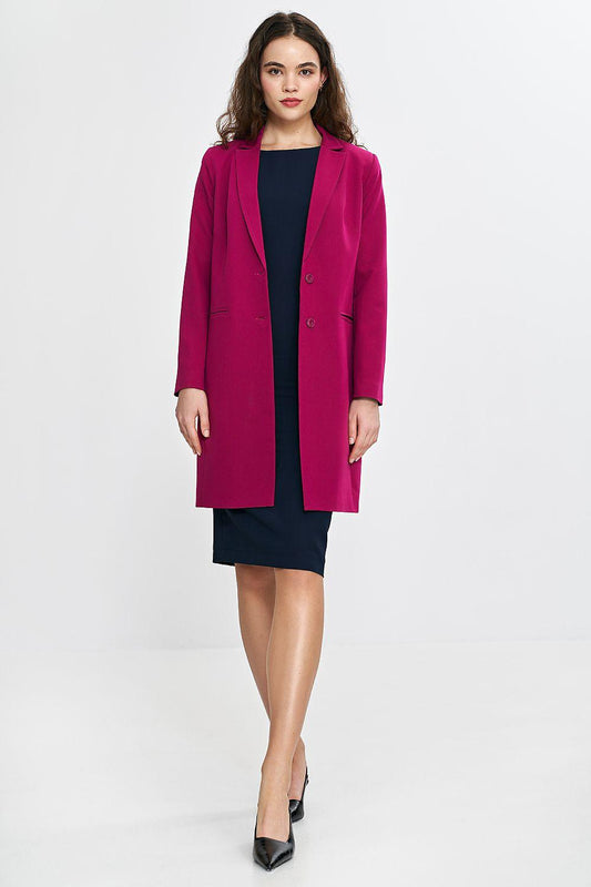 Knee-length violet blazer jacket with notched lapels, single-breasted buttons, front pockets