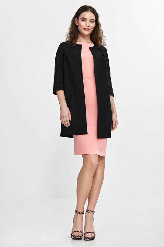 Black blazer jacket with open front, mid-thigh, 3/4 sleeves, blush pink lining