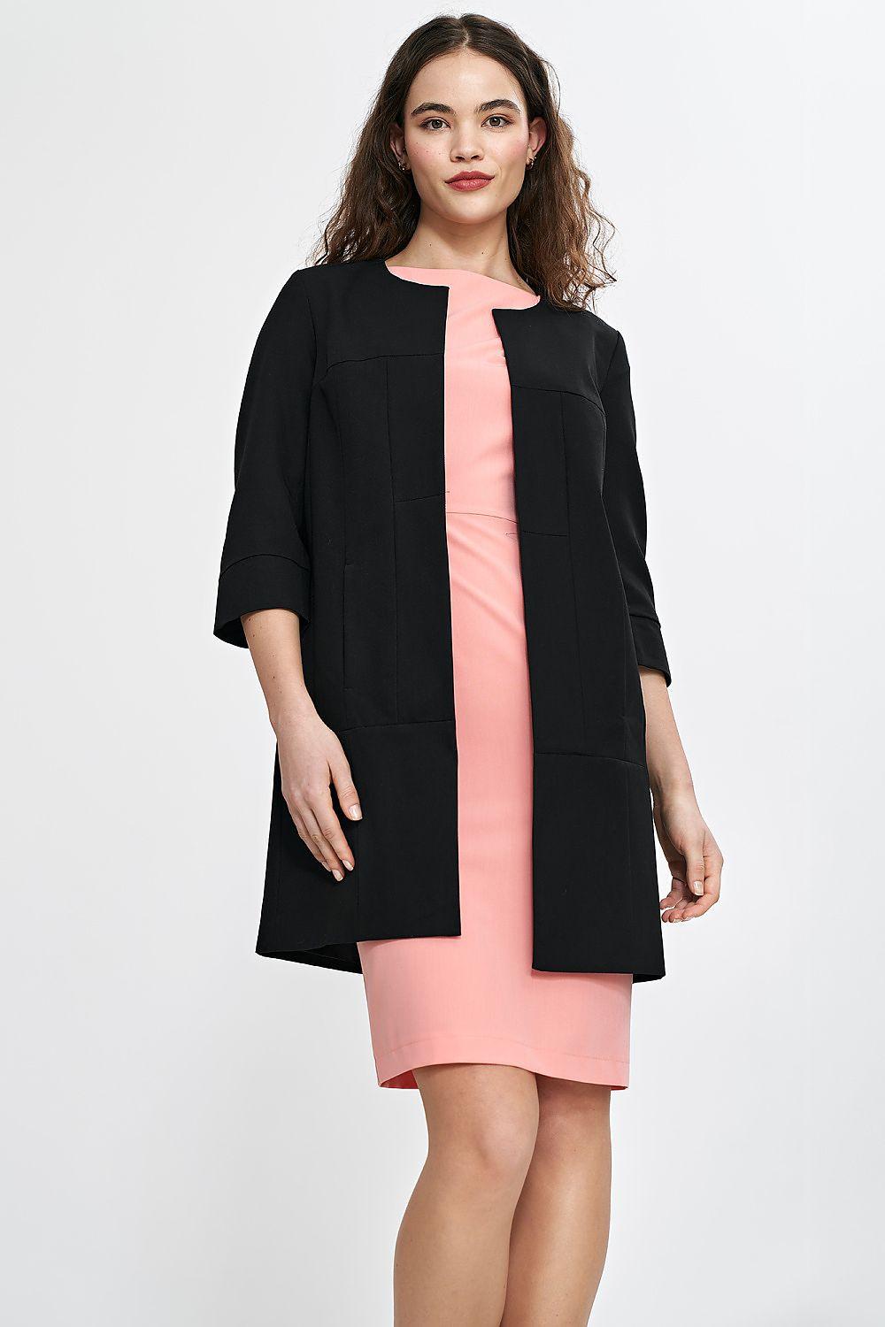 Black women's mid-thigh blazer jacket with 3/4 sleeves, open front, pink lining.