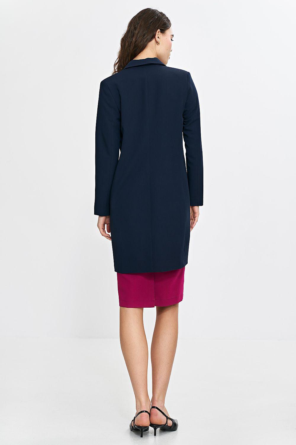 Dark navy knee-length blazer jacket, back view, with long sleeves and button closure