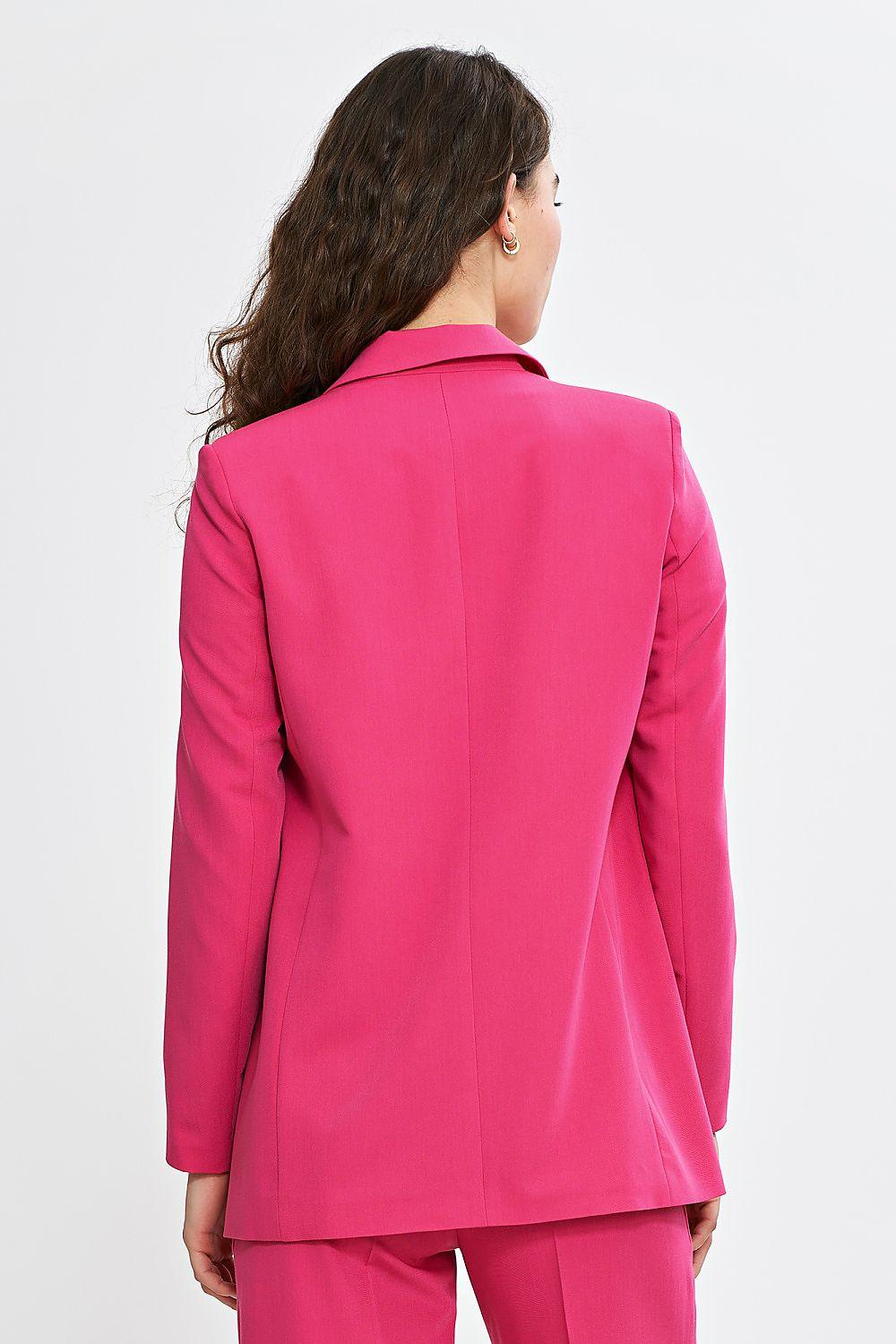 Pink women’s blazer jacket, back view, long sleeves and tailored straight hem
