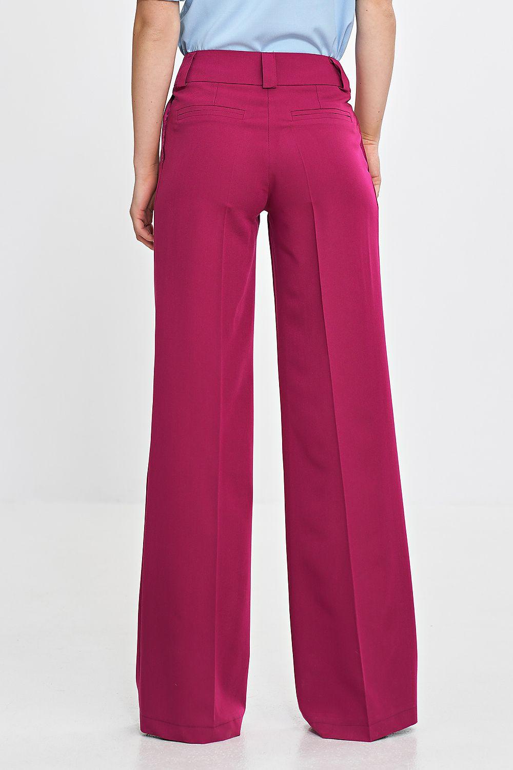 High-waist wide-leg trousers in violet, front view with belt loops and pockets
