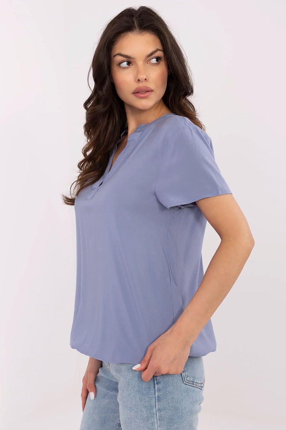 Light blue blouse with V-neck, short sleeves, and straight hem
