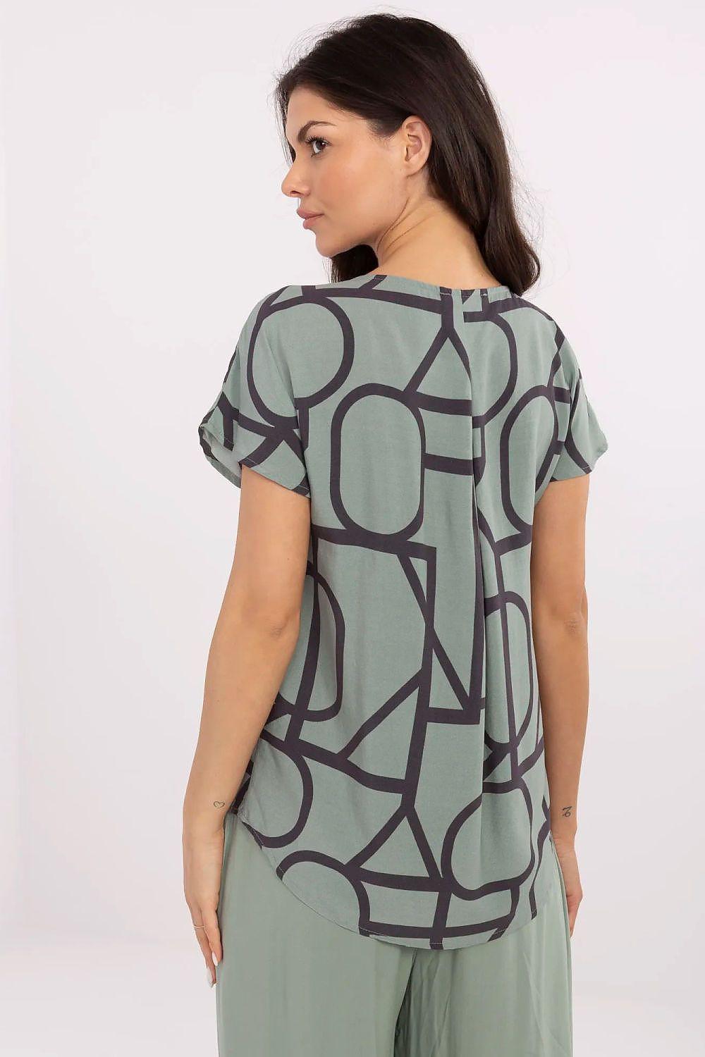 Green abstract-print blouse back view, short sleeves, straight hem