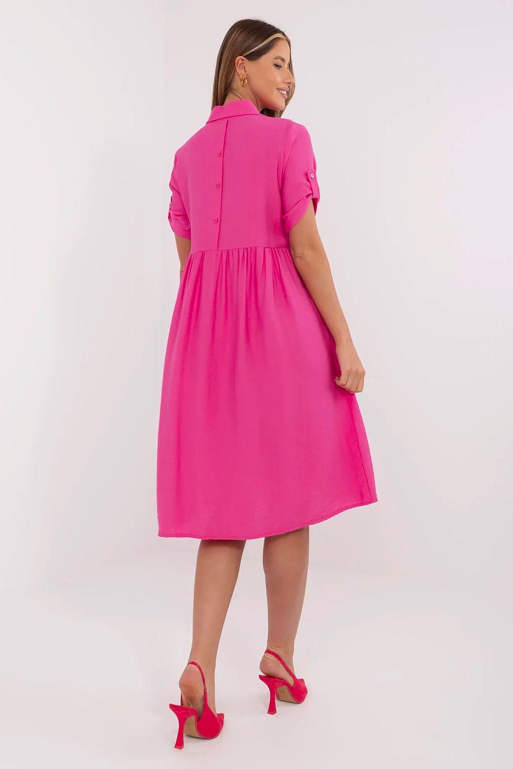 Pink day dress with buttoned back, collar, gathered waist, short sleeves
