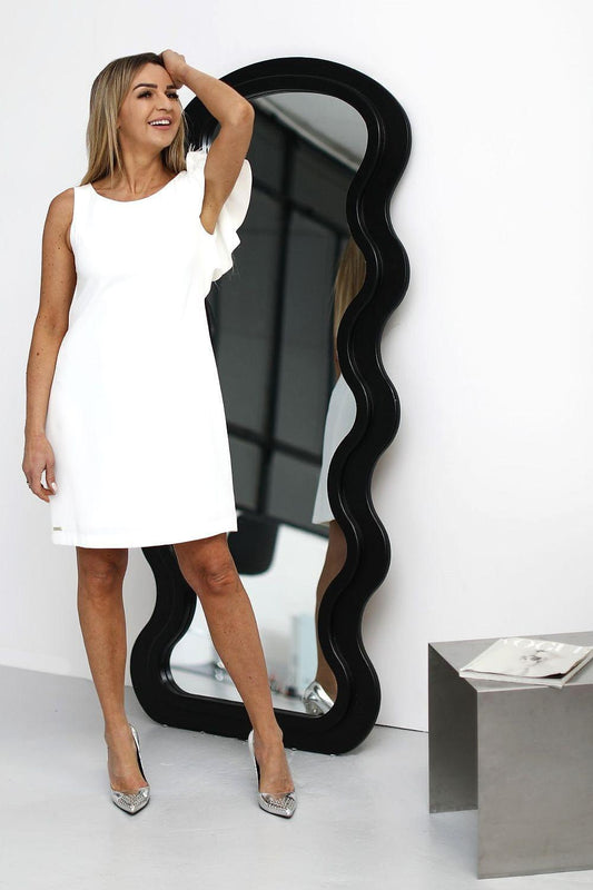 Jersa cocktail dress, sleeveless white sheath with straight neckline, full length pose