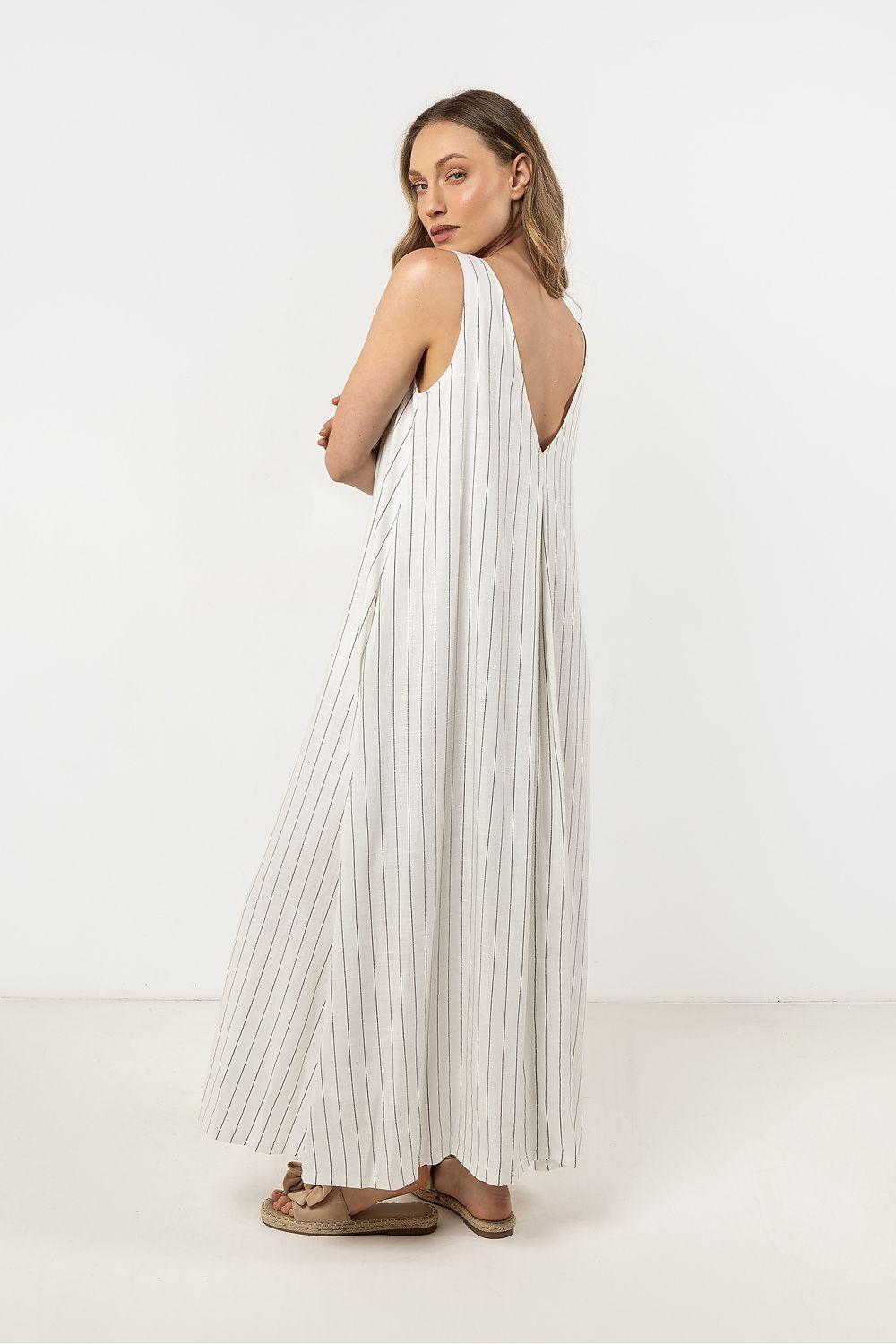 Awama sleeveless daydress in light beige with vertical pinstripes, back view